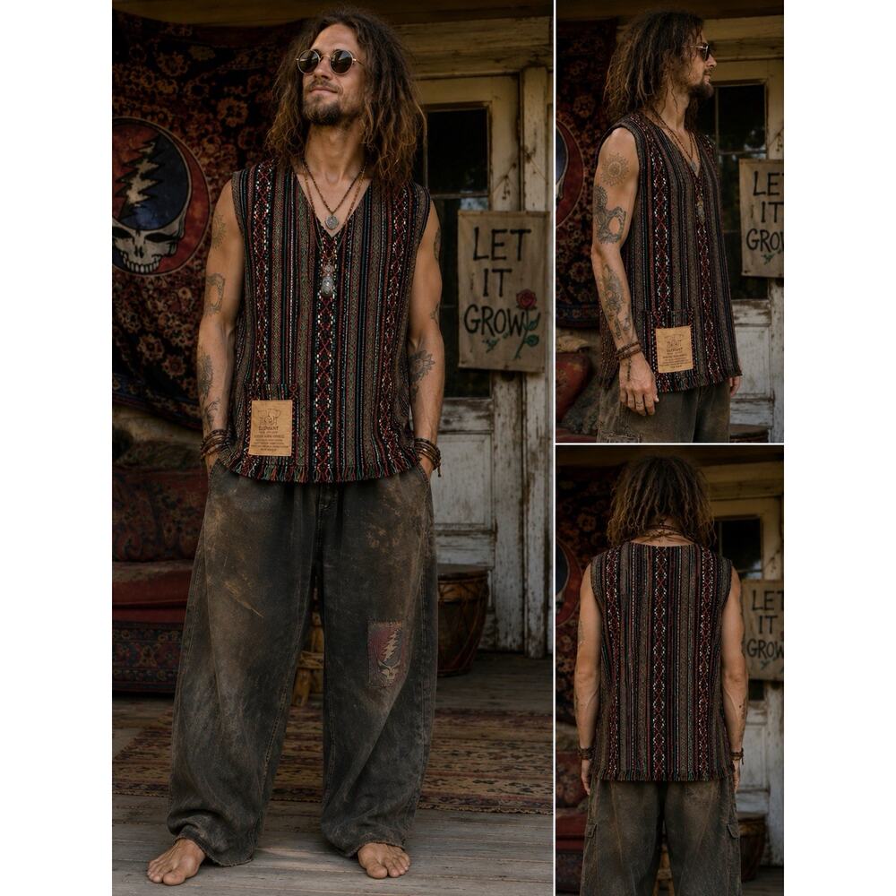 Elephant Jungle, Tribal hippie Tunic Festival Boho Grunge Fringe Poncho Large ￼